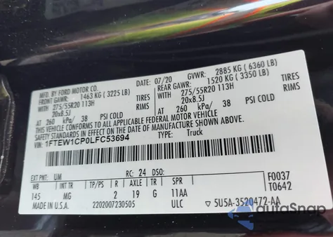 2020 Ford F-150 Xlt из США, поврежденный, VIN 1FTEW1CP0LFC53694